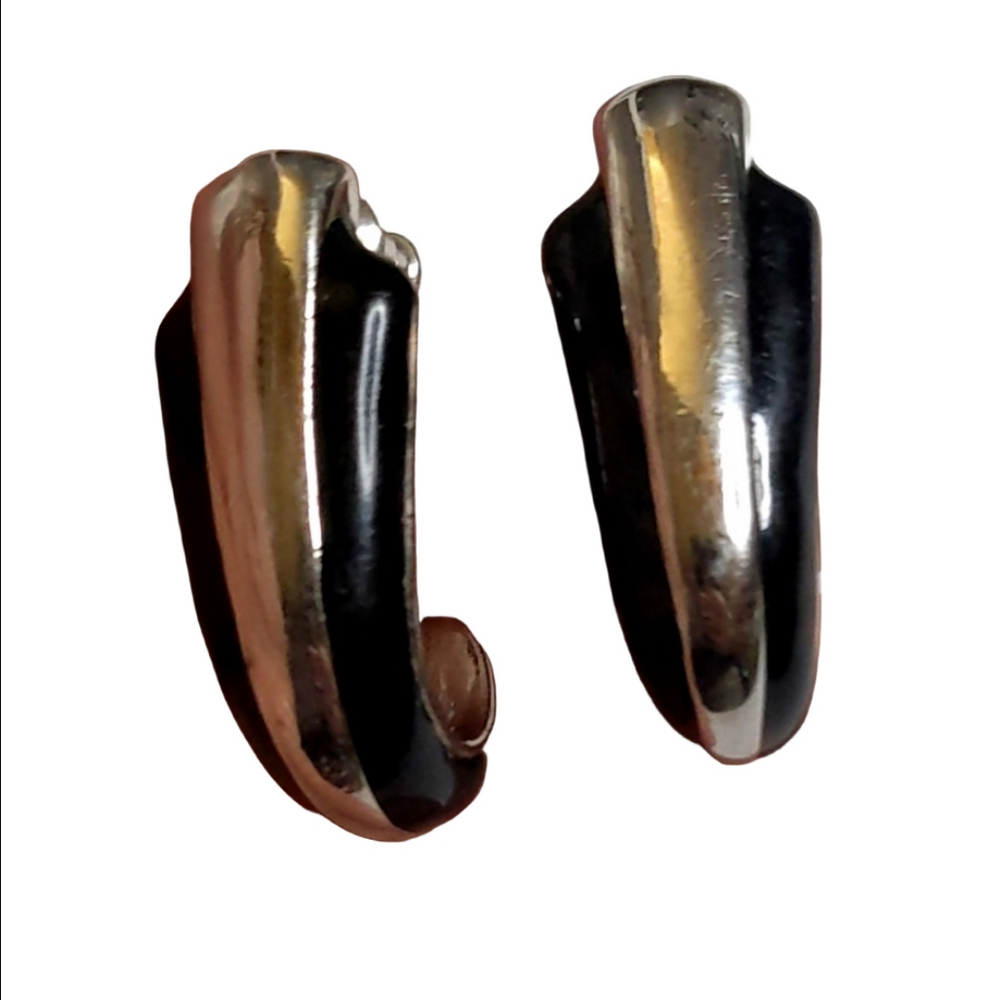 Vintage Signed Napier‎ Silver Tone and Black Enamel ART Deco Inspired Earrings
